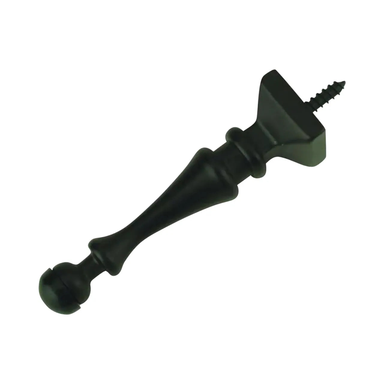 The Go Build 3-1/2 in. Decorative Solid Doorstop has a chess pawn design, is zinc die cast with an oil-rubbed bronze finish, includes a screw for mounting, and features a rounded tip—shown on a white background.